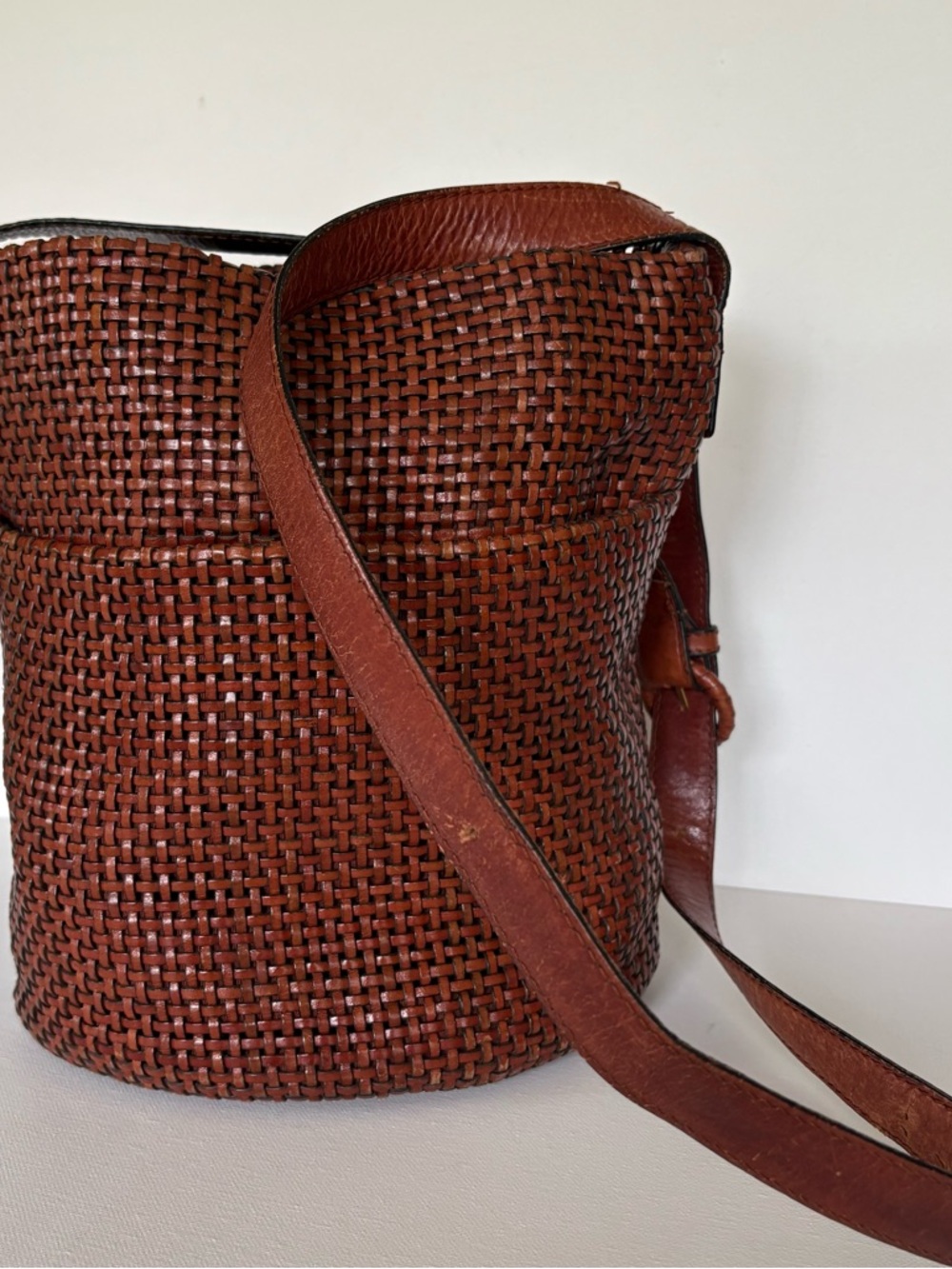 Sharif Brown Woven Leather Crossbody Bucket Bag